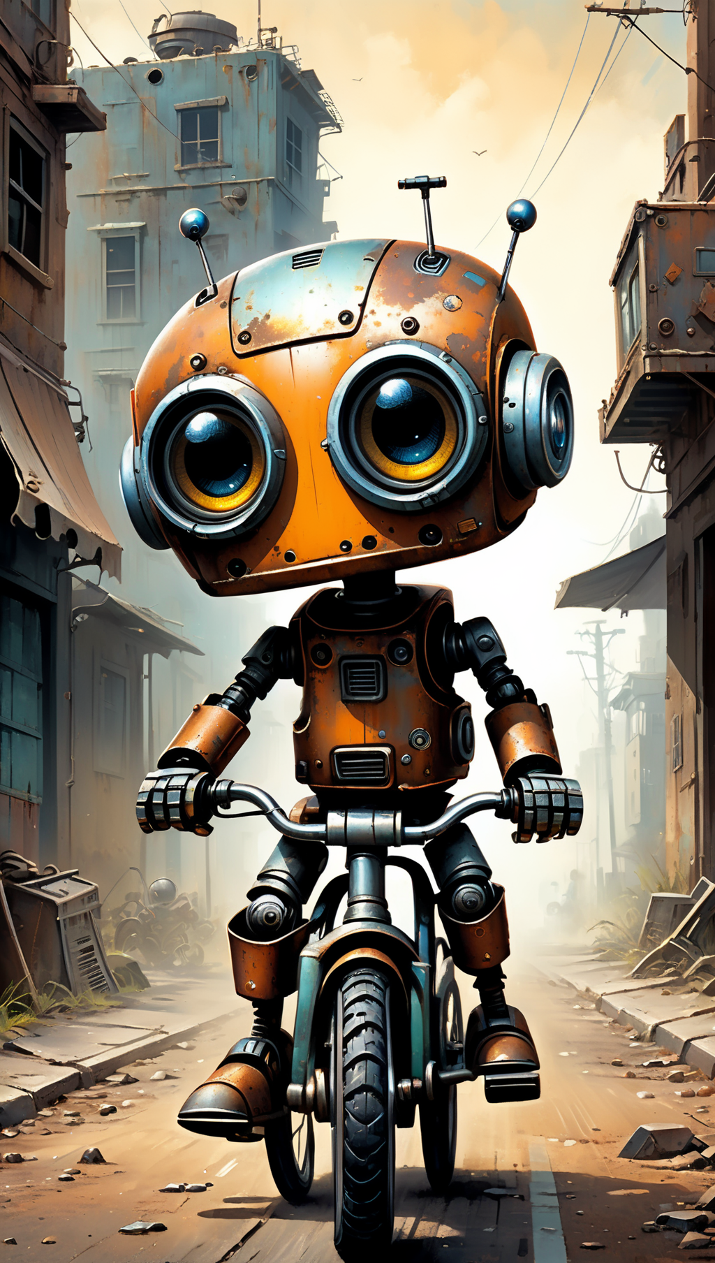 03205-1493797821-sci-fi art, cartoon caricature chibi cuteness overload, rusty distressed texture, adorable small robot rides a bicycle, post apo.png